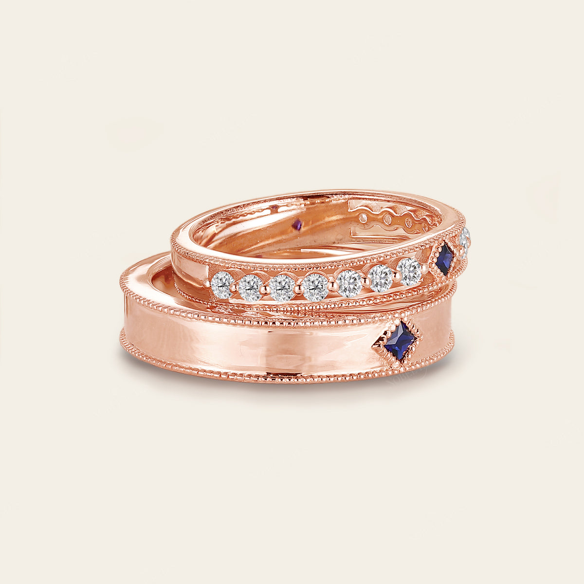 Princess cut Lab Sapphire Wedding Band His and Her Rose Gold Band