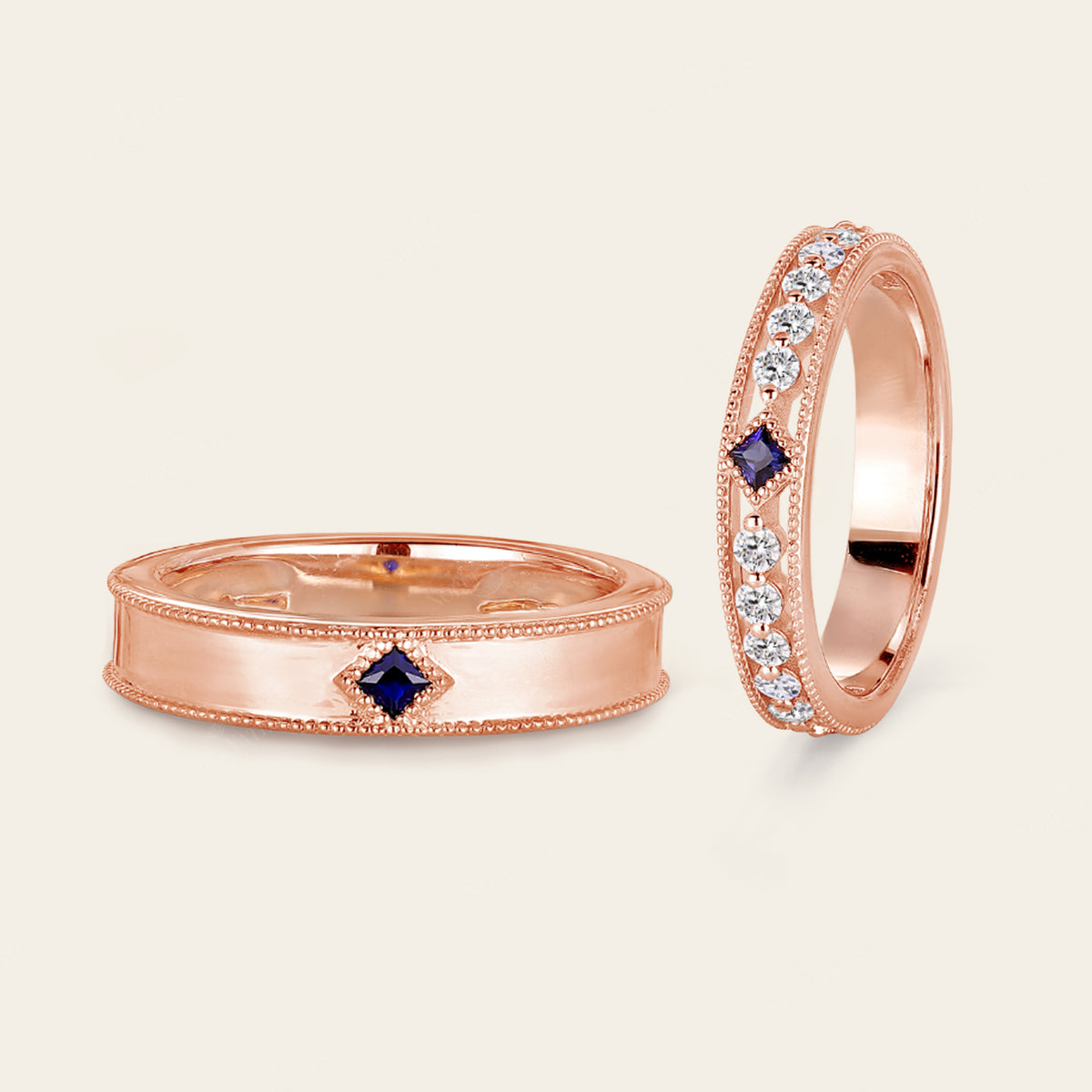 Princess cut Lab Sapphire Wedding Band His and Her Rose Gold Band