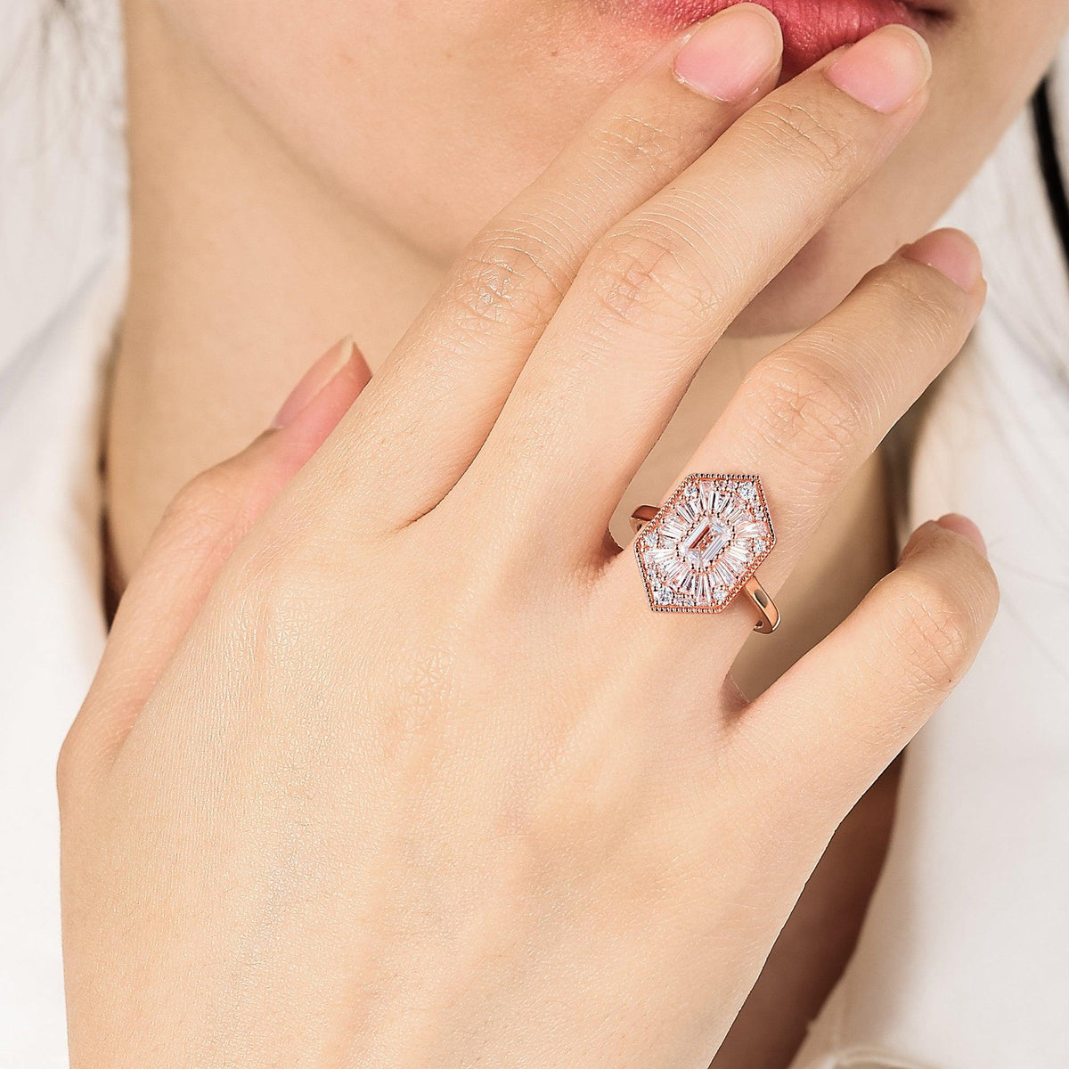 Hexagonal Emerald Cut Lab Diamond Art Deco Mosaic Ring