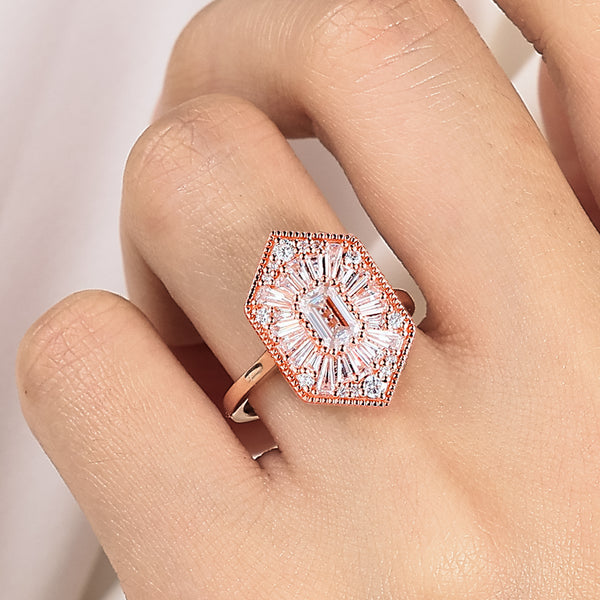 Hexagonal Emerald Cut Lab Diamond Art Deco Mosaic Ring