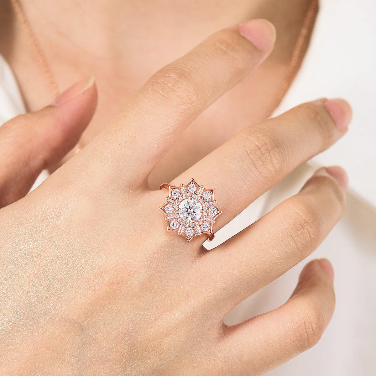 Art Deco Round Moissanite Rose Gold Halo Floral Engagement Ring