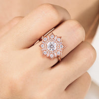 Art Deco Round Moissanite Rose Gold Halo Floral Engagement Ring