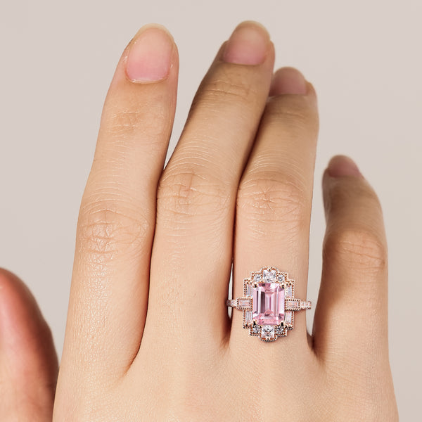 Art Deco Emerald Cut Pink Padparadscha Engagement Ring