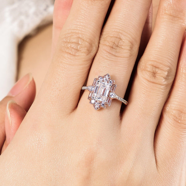 Art Deco Emerald Cut Lab Diamond Halo Mosaic Ring