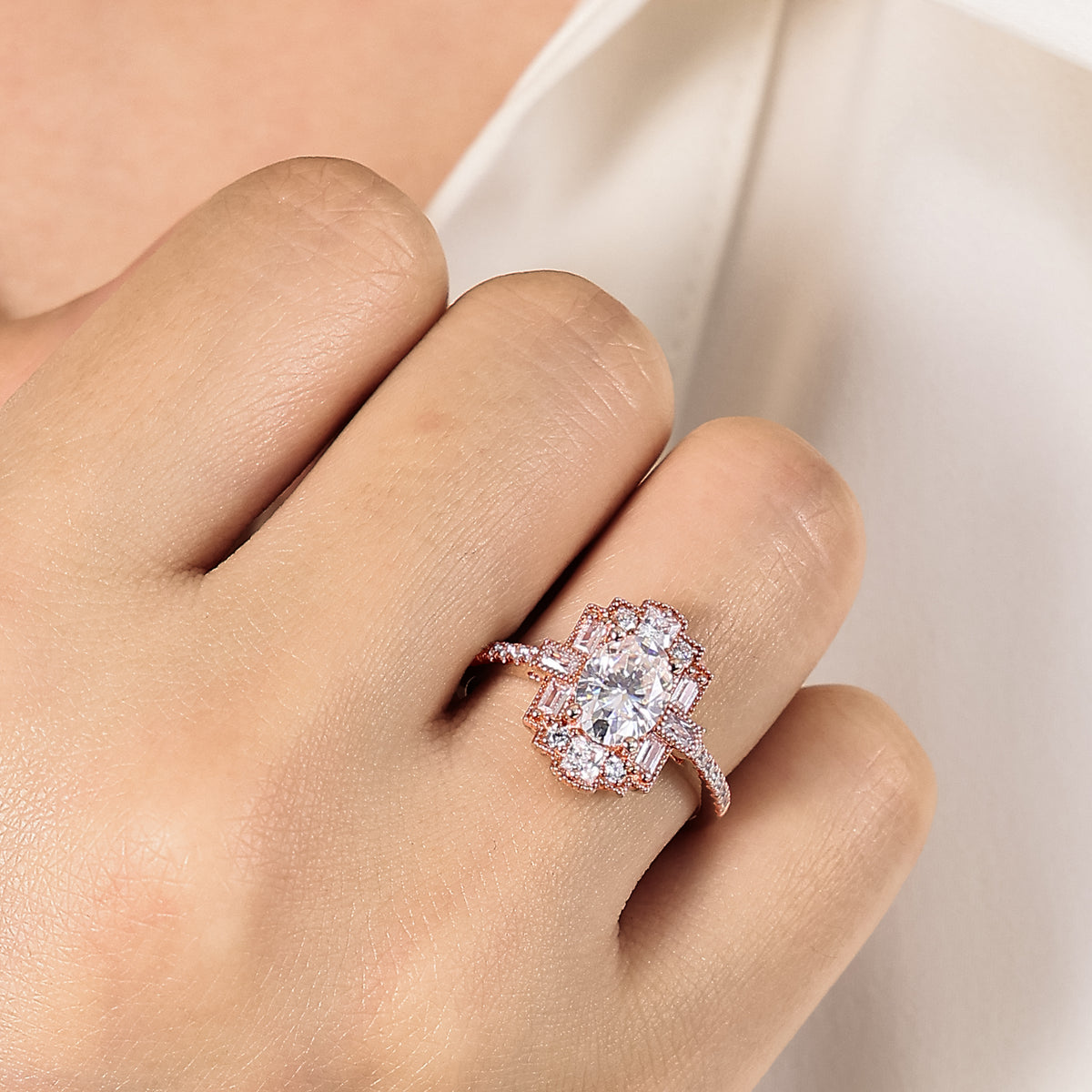 Oval Moissanite Art Deco Rose Gold Milgrain Engagement Ring
