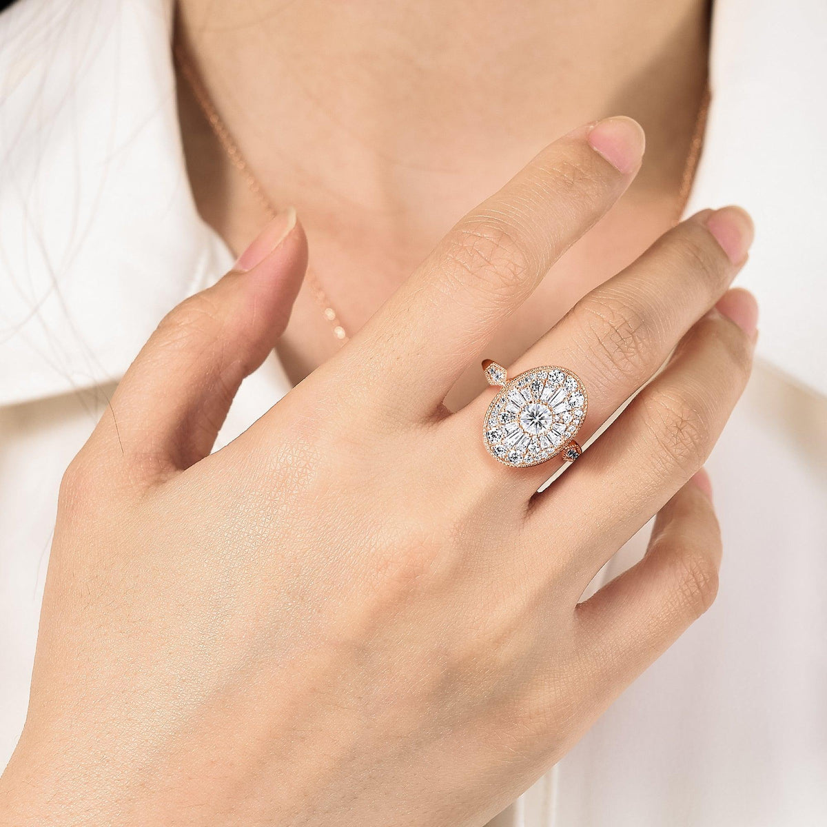 Art Deco Oval Shape Round Lab Diamond Halo Mosaic Engagement Ring