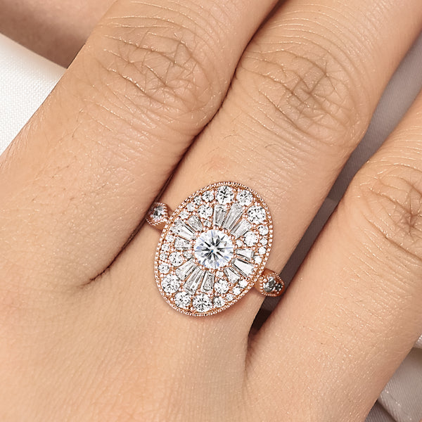 Art Deco Oval Shape Round Lab Diamond Halo Mosaic Engagement Ring