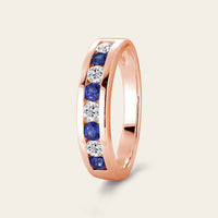 Sapphire & Moissanite Couple Rings Bezel Rose Gold Band