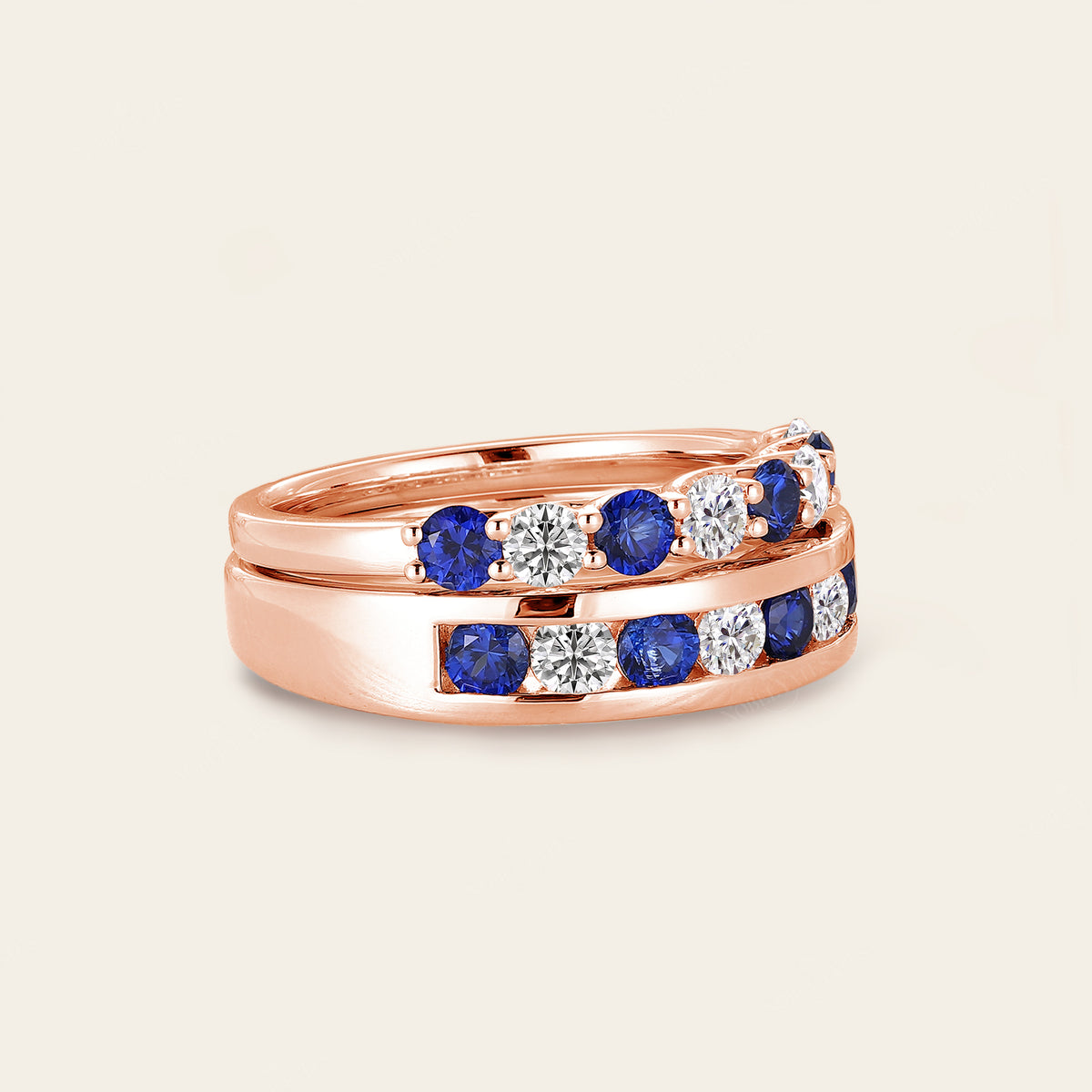 Sapphire & Moissanite Couple Rings Bezel Rose Gold Band
