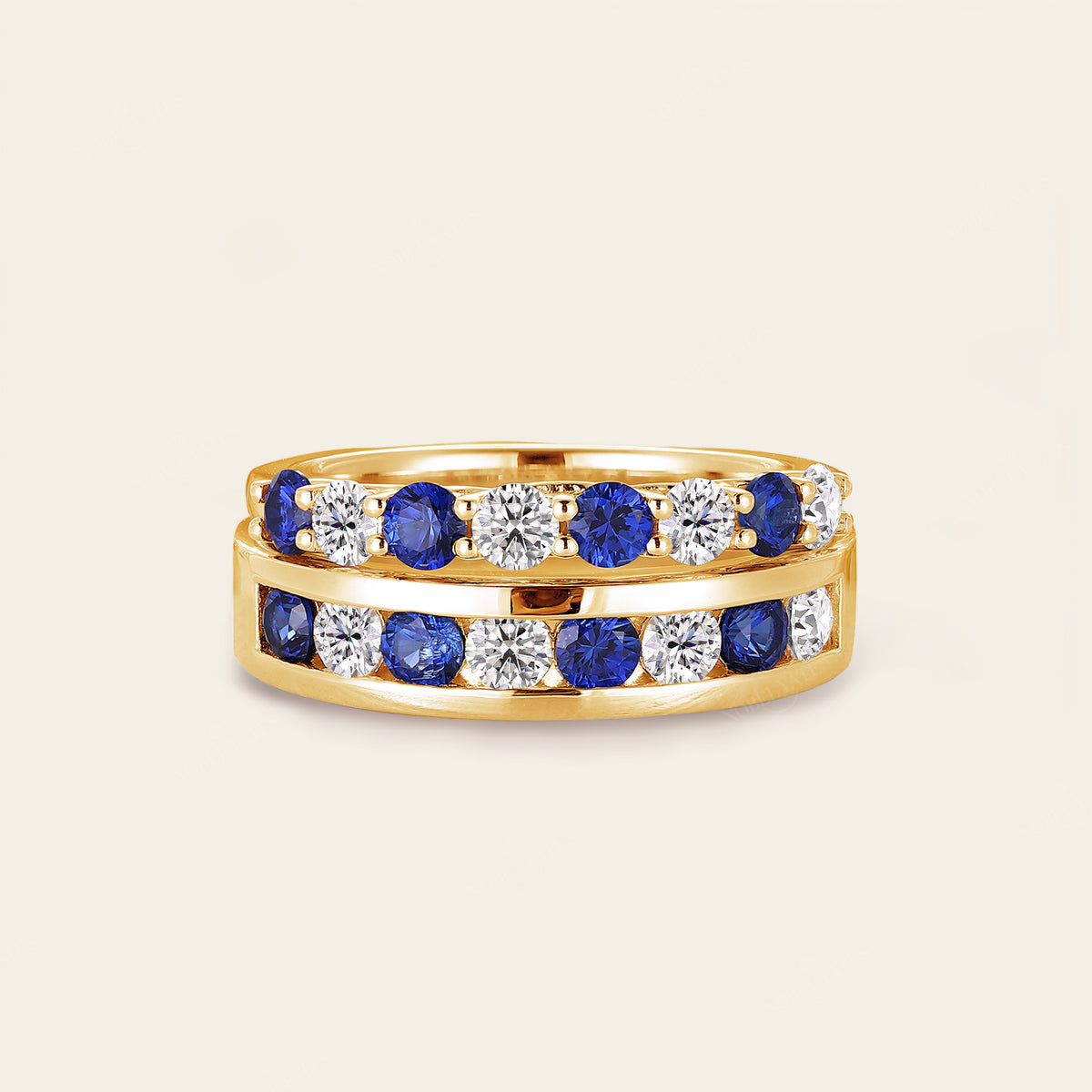 Sapphire & Moissanite Couple Rings Bezel Rose Gold Band