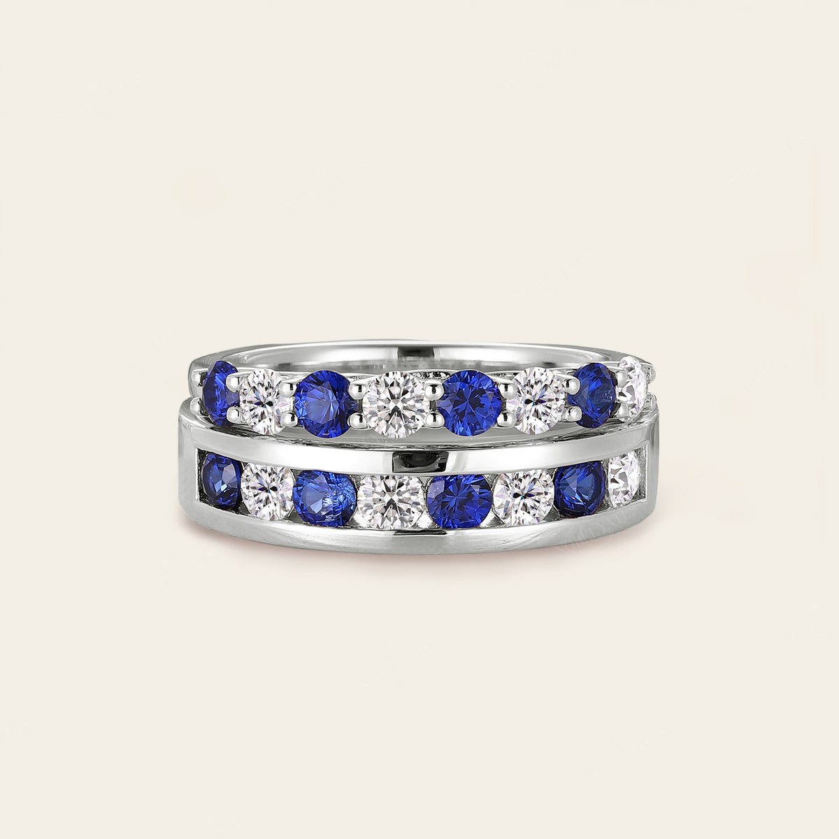 Sapphire & Moissanite Couple Rings Bezel Rose Gold Band