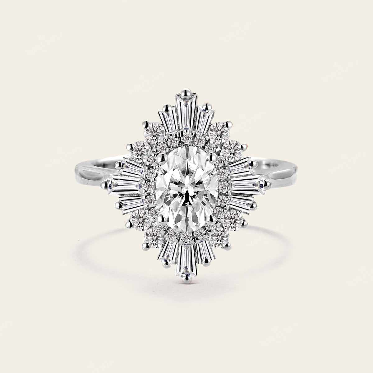 Art Deco Oval Moissanite Starburst Halo Engagement Ring
