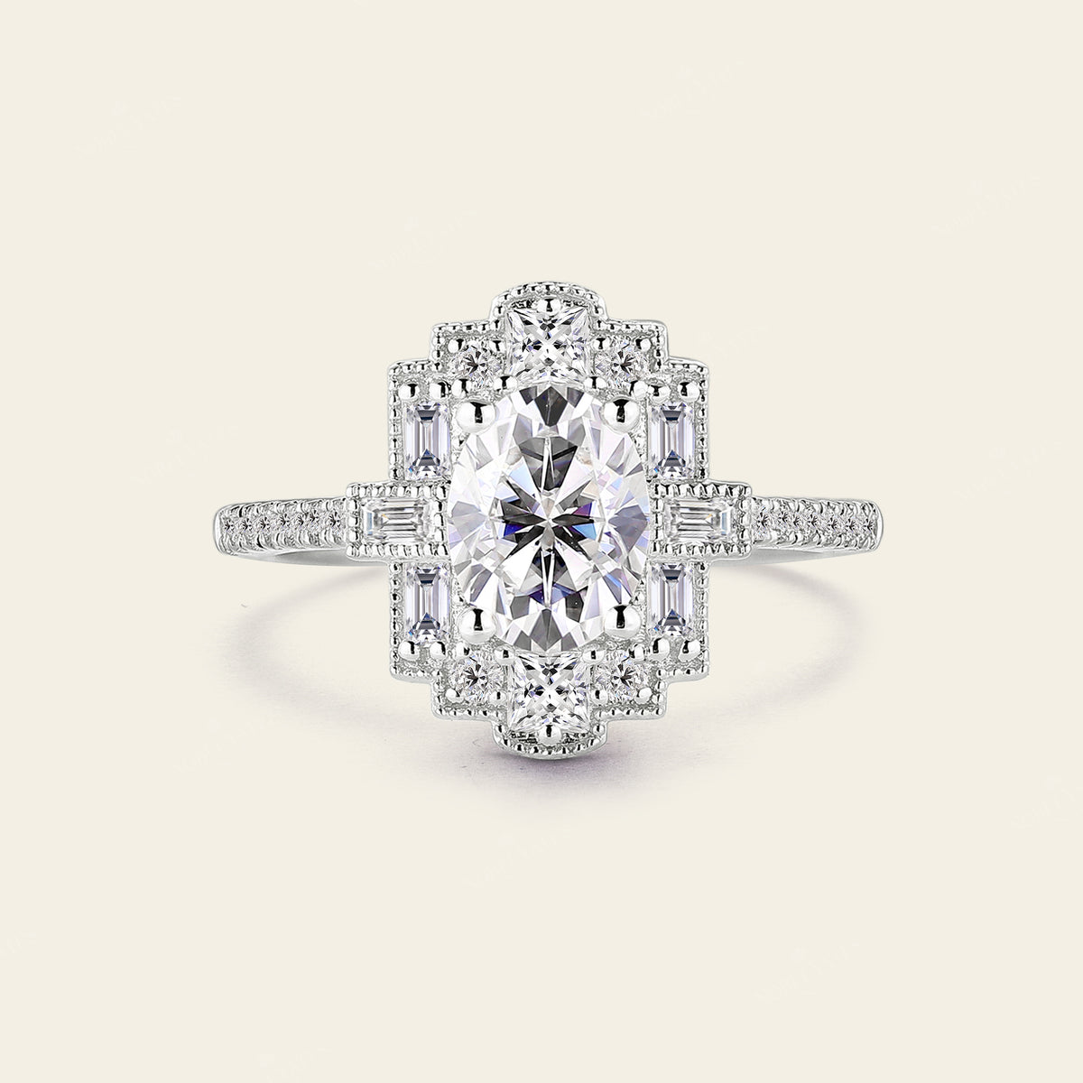 Oval Moissanite Art Deco Rose Gold Milgrain Engagement Ring