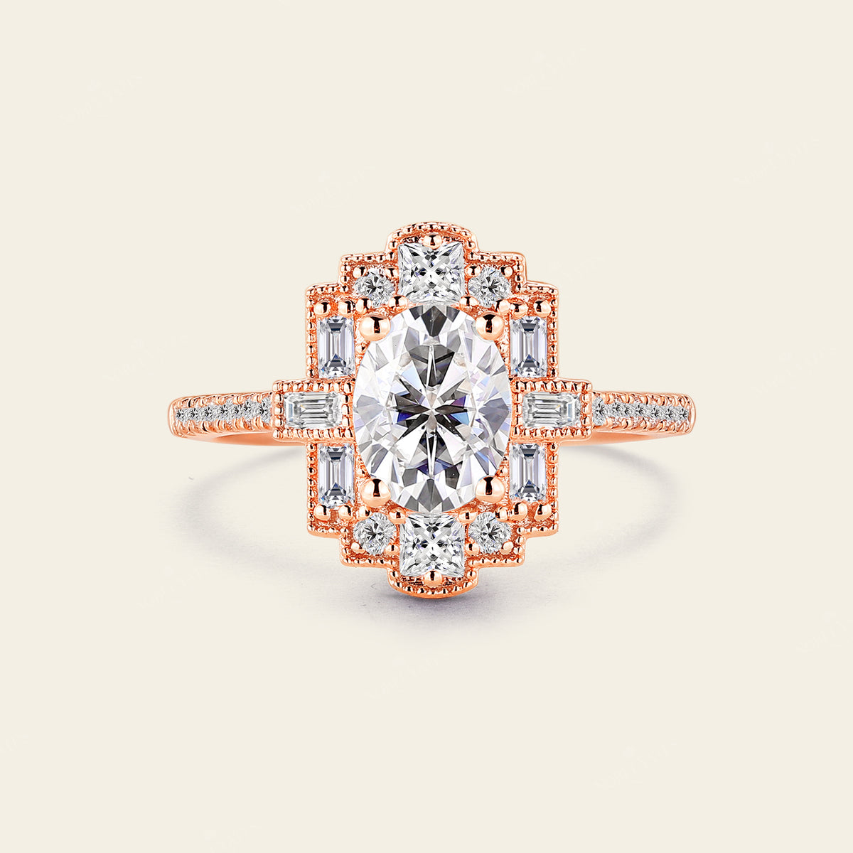 Oval Moissanite Art Deco Rose Gold Milgrain Engagement Ring