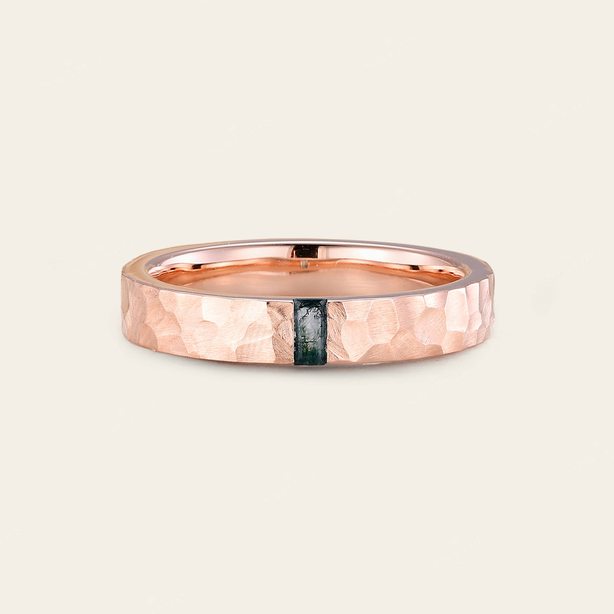 Baguette Moss Agate Couple's Ring Set Rose Gold Moissanite Wedding Band
