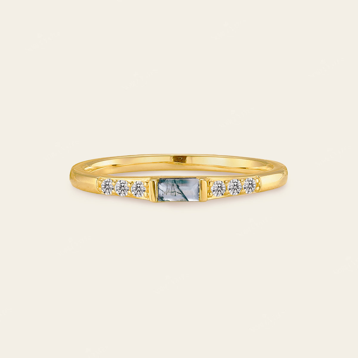 Baguette Moss Agate Couple's Ring Set Rose Gold Moissanite Wedding Band