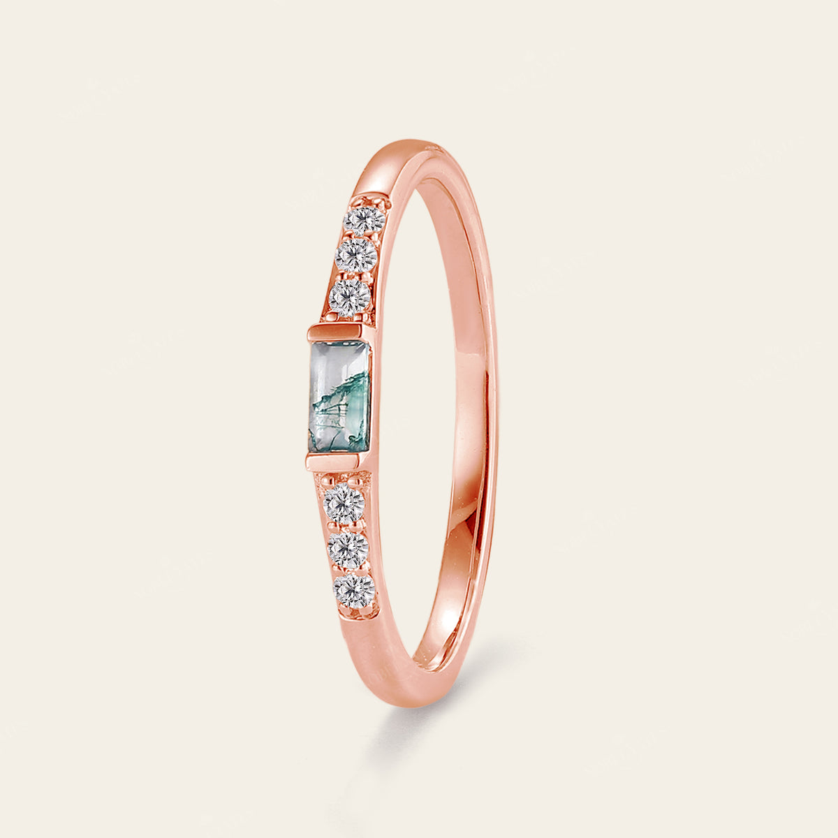 Baguette Moss Agate Couple's Ring Set Rose Gold Moissanite Wedding Band