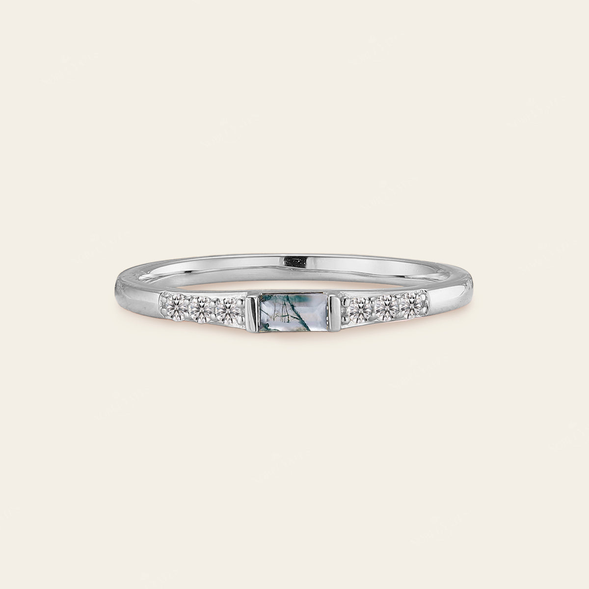 Baguette Moss Agate Couple's Ring Set Rose Gold Moissanite Wedding Band