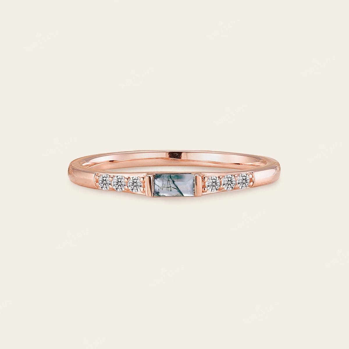Baguette Moss Agate Couple's Ring Set Rose Gold Moissanite Wedding Band
