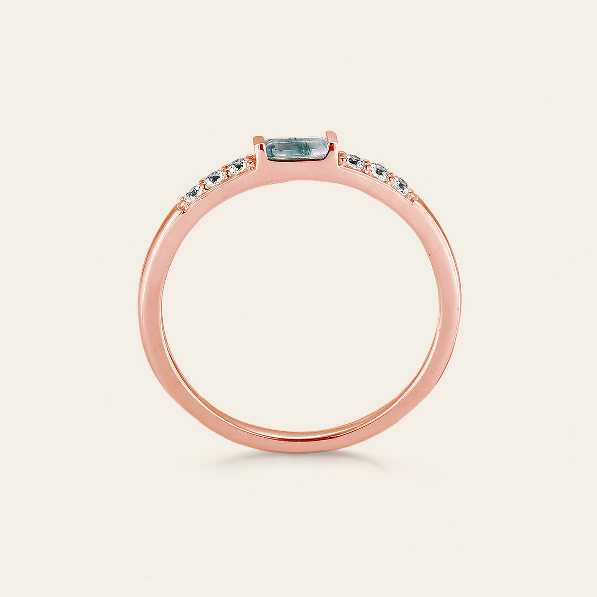 Baguette Moss Agate Couple's Ring Set Rose Gold Moissanite Wedding Band