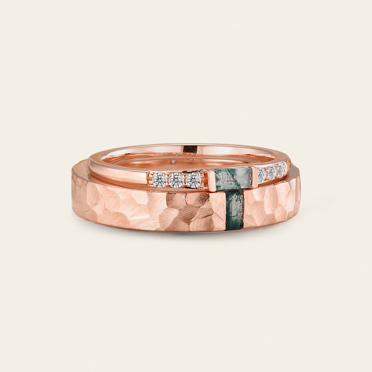 Baguette Moss Agate Couple's Ring Set Rose Gold Moissanite Wedding Band