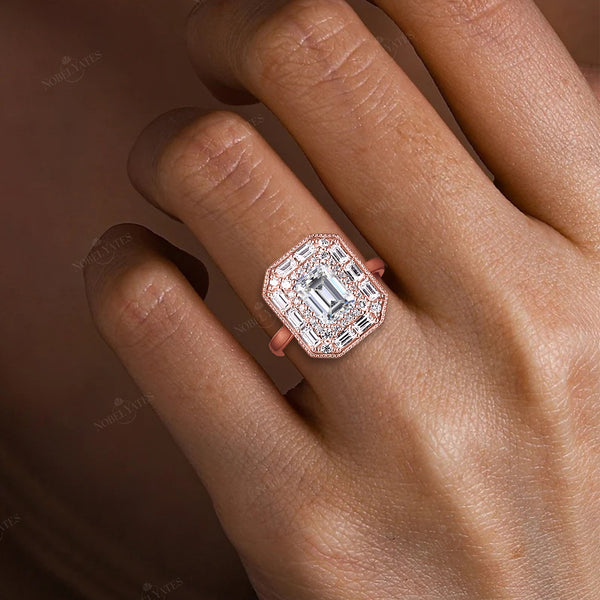 Art Deco Emerald Cut Engagement Baguette Halo Ring