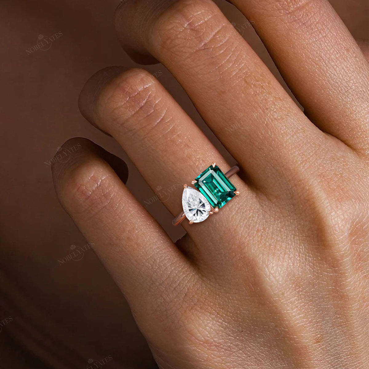 Toi et Moi Engagement ring Double Stone Emerald & Moissanite Promise Ring