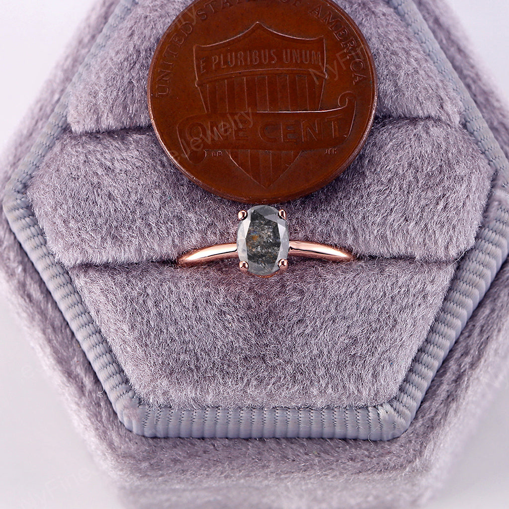 Vintage Oval Salt and Pepper Diamond Rose Gold Solitaire Engagement Ring