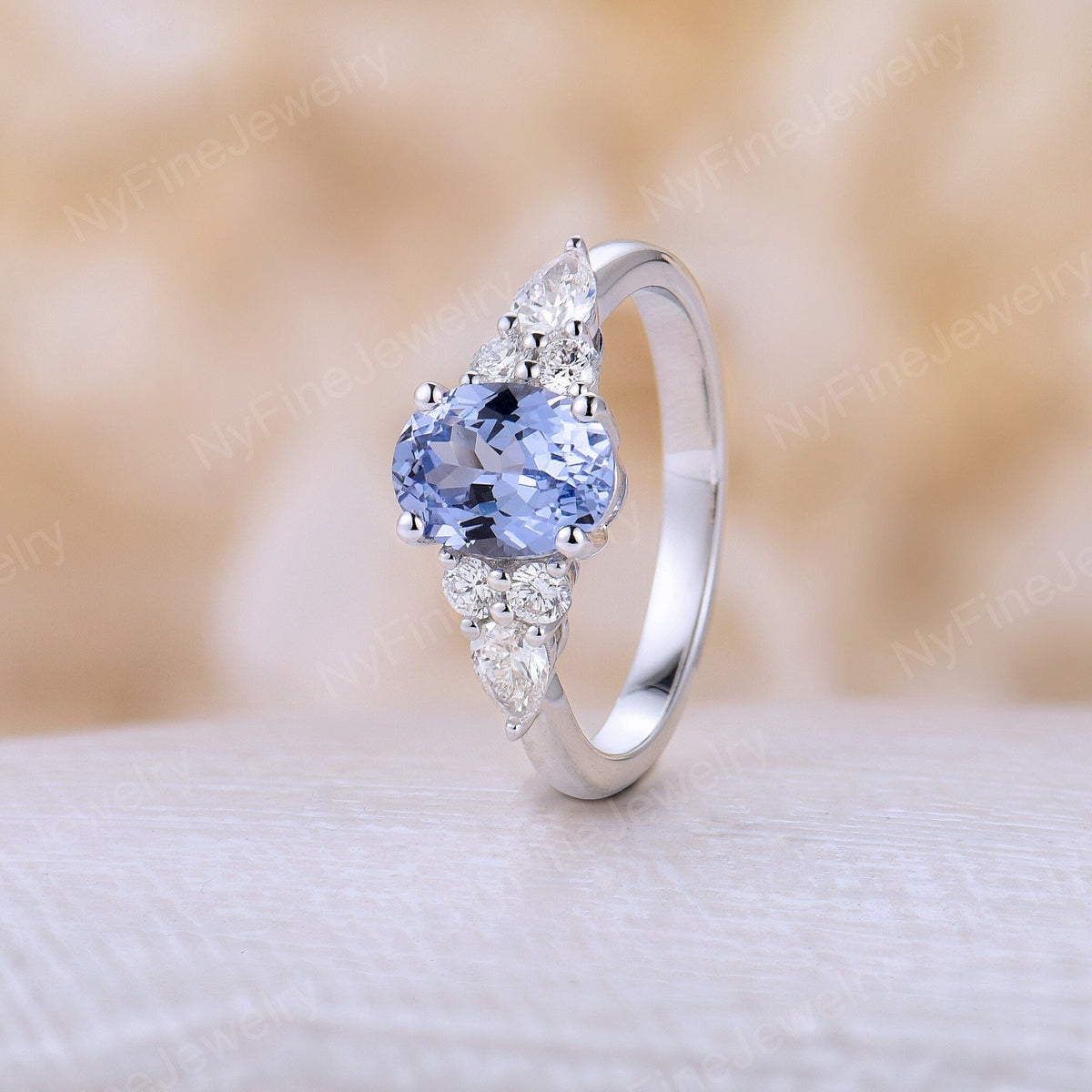 Oval Cornflower Sapphire Cluster Engagement Ring White Gold