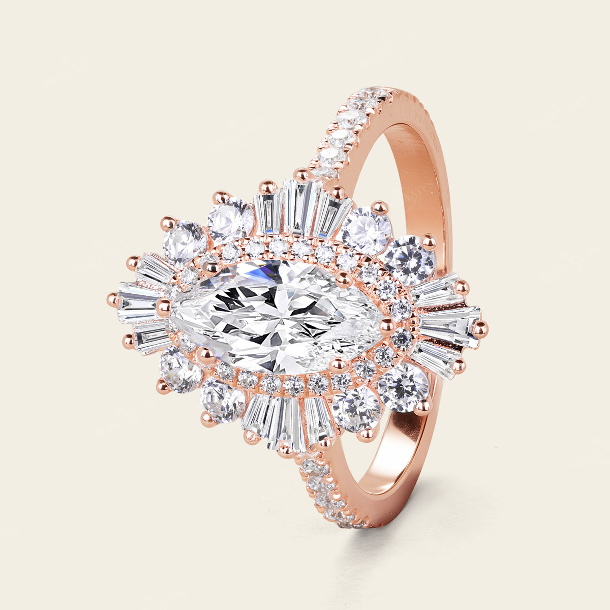 Marquise Moissanite Art Deco Rose Gold Halo Engagement Ring