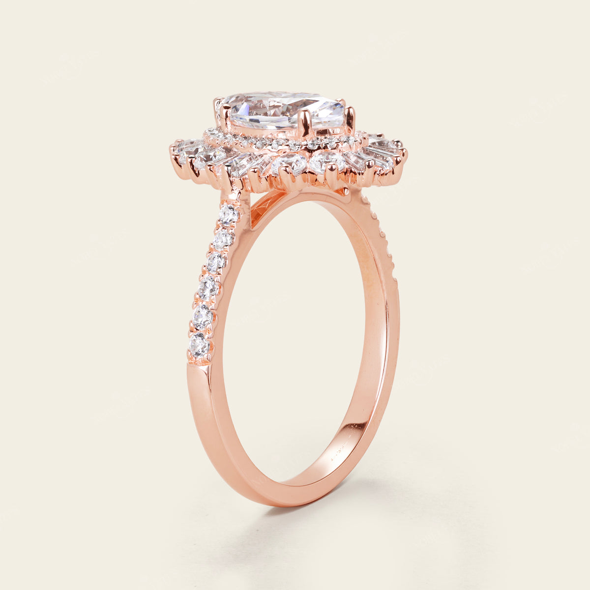 Marquise Moissanite Art Deco Rose Gold Halo Engagement Ring