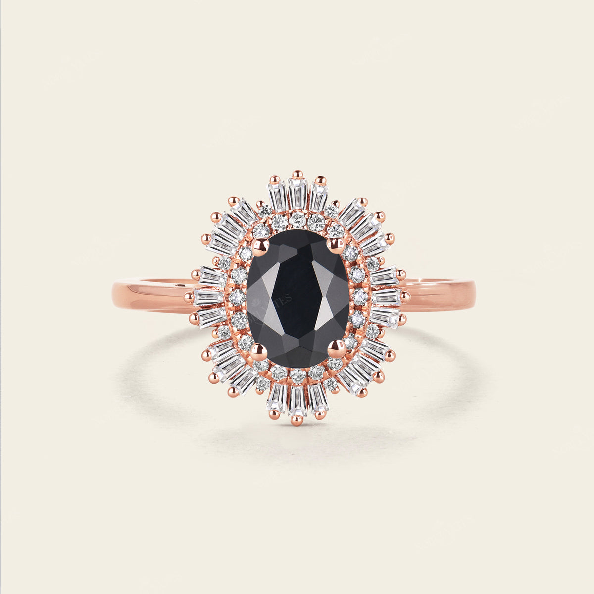 Art Deco Oval Black Onyx Engagement Ring Unique Baguette Double Halo