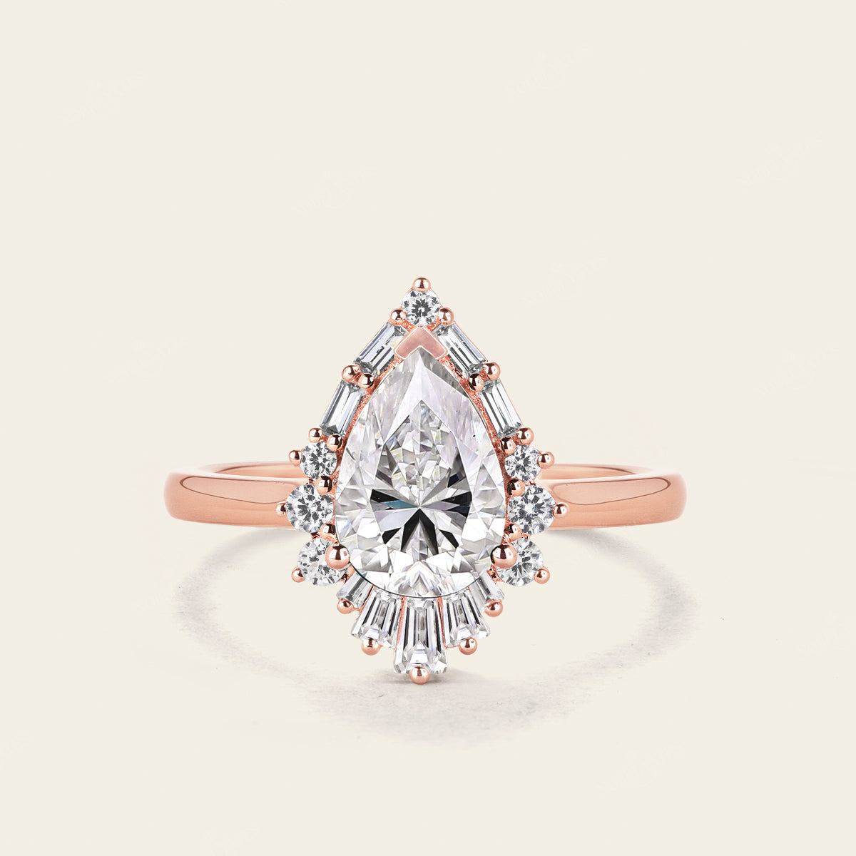 Pear Moissanite Engagement Ring Baguette Art deco Halo Rose Gold