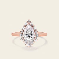 Pear Moissanite Engagement Ring Baguette Art deco Halo Rose Gold