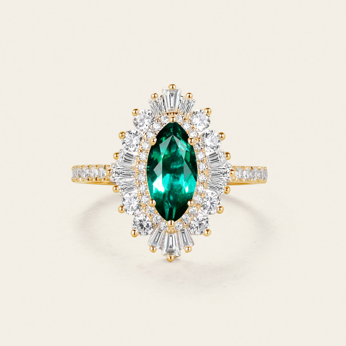 Art deco Marquise Lab Emerald Halo Engagement Ring