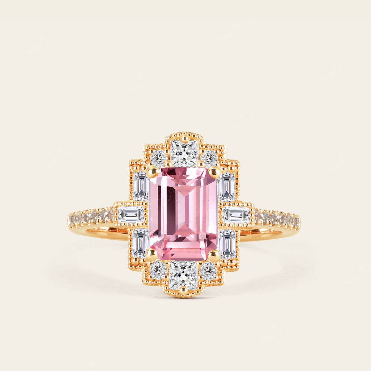 Art Deco Emerald Cut Pink Padparadscha Engagement Ring