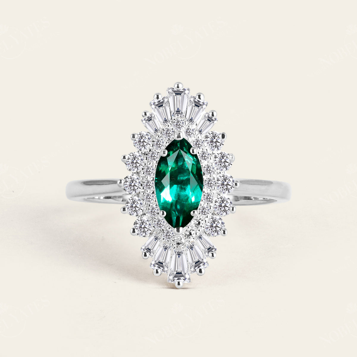 Marquise Cut Lab Emerald Unique Double Halo Art Deco Engagement Ring