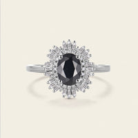 Art Deco Oval Black Onyx Engagement Ring Unique Baguette Double Halo