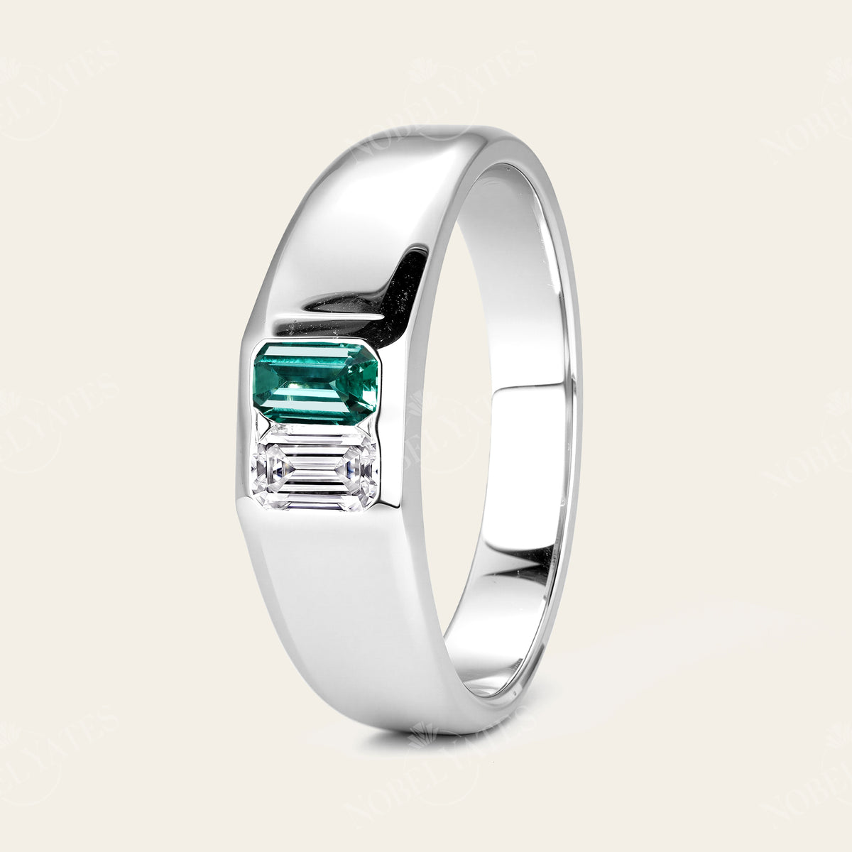 Emerald Cut Lab Diamond & Emerald Toi et Moi Men's Ring