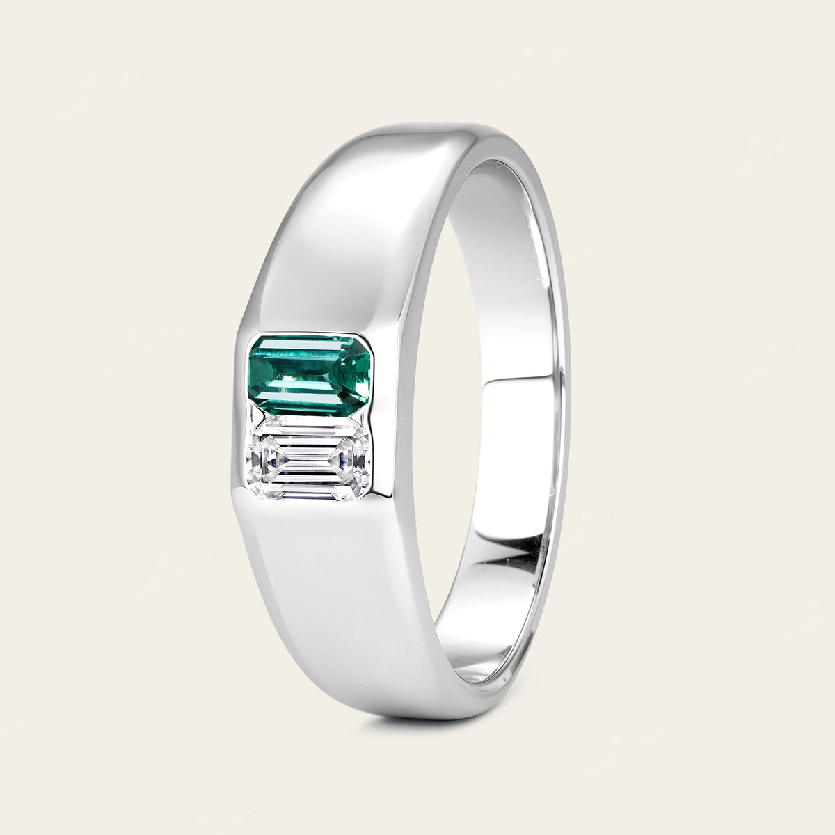 Emerald Cut Lab Diamond & Emerald Toi et Moi Men's Ring