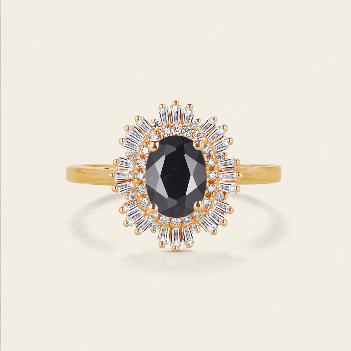 Art Deco Oval Black Onyx Engagement Ring Unique Baguette Double Halo