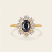 Art Deco Oval Black Onyx Engagement Ring Unique Baguette Double Halo