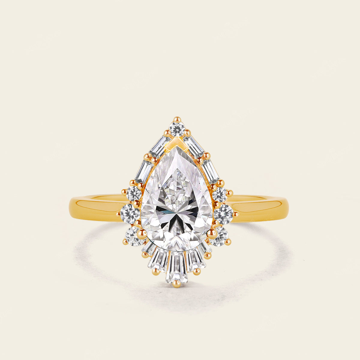 Pear Moissanite Engagement Ring Baguette Art deco Halo Rose Gold