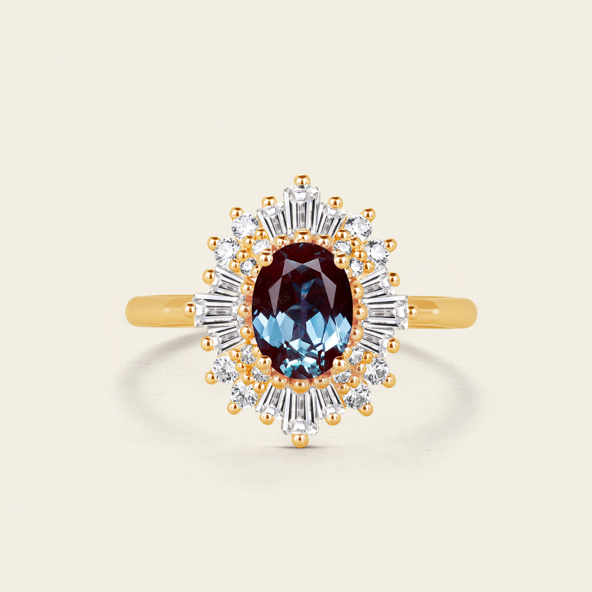 Lab Alexandrite Engagement Ring Diamond/CZ Halo Art Deco Rose Gold