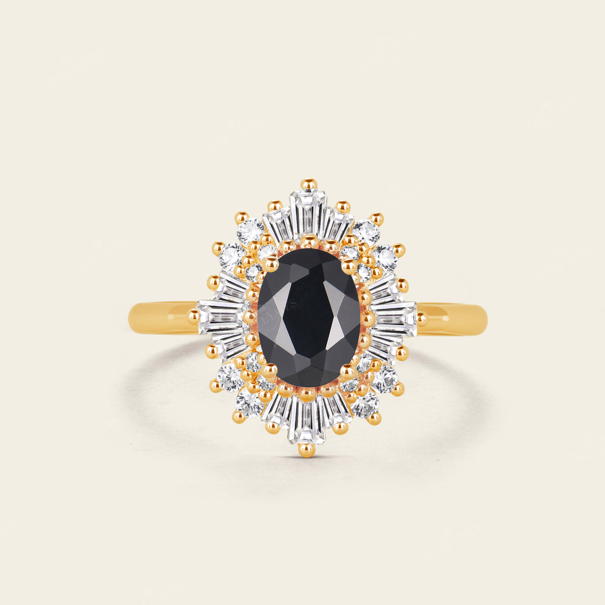 Art Deco Oval Black Onyx White Gold Halo Engagement Ring