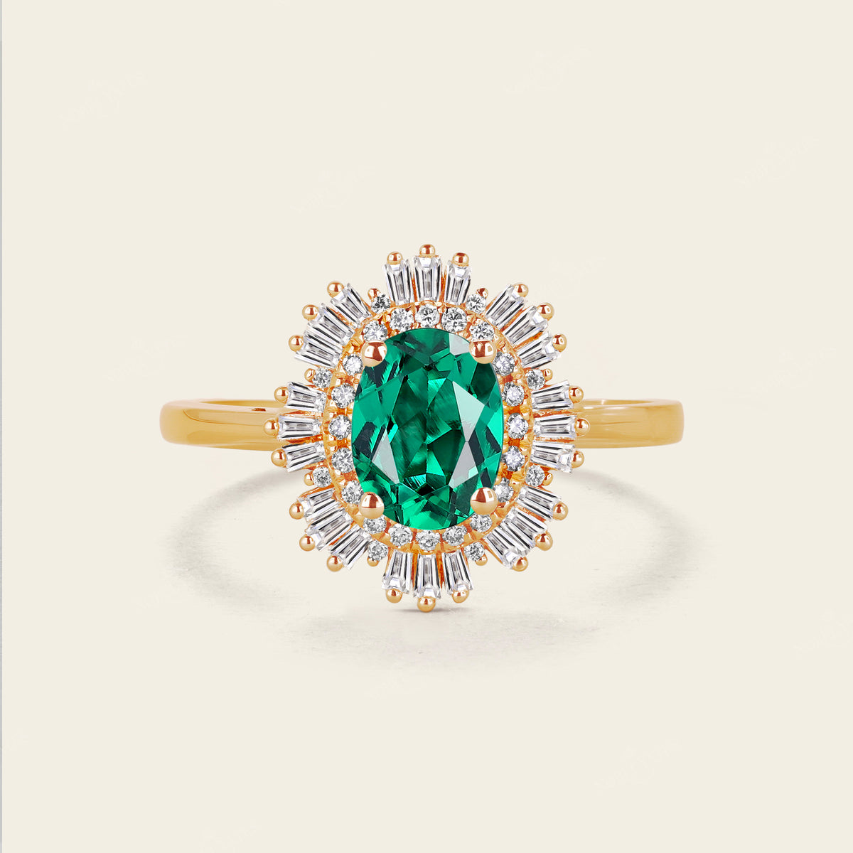 Oval Lab Emerald Art deco Double Halo Yellow Gold Engagement Ring