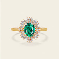 Oval Lab Emerald Art deco Double Halo Yellow Gold Engagement Ring