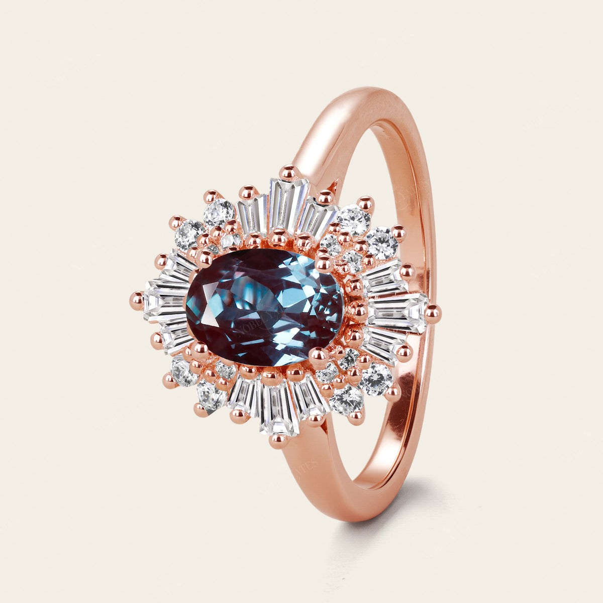 Lab Alexandrite Engagement Ring Diamond/CZ Halo Art Deco Rose Gold