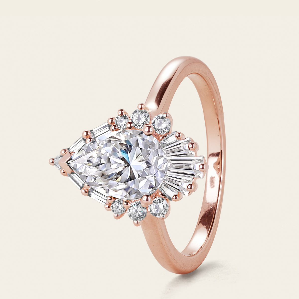 Pear Moissanite Engagement Ring Baguette Art deco Halo Rose Gold