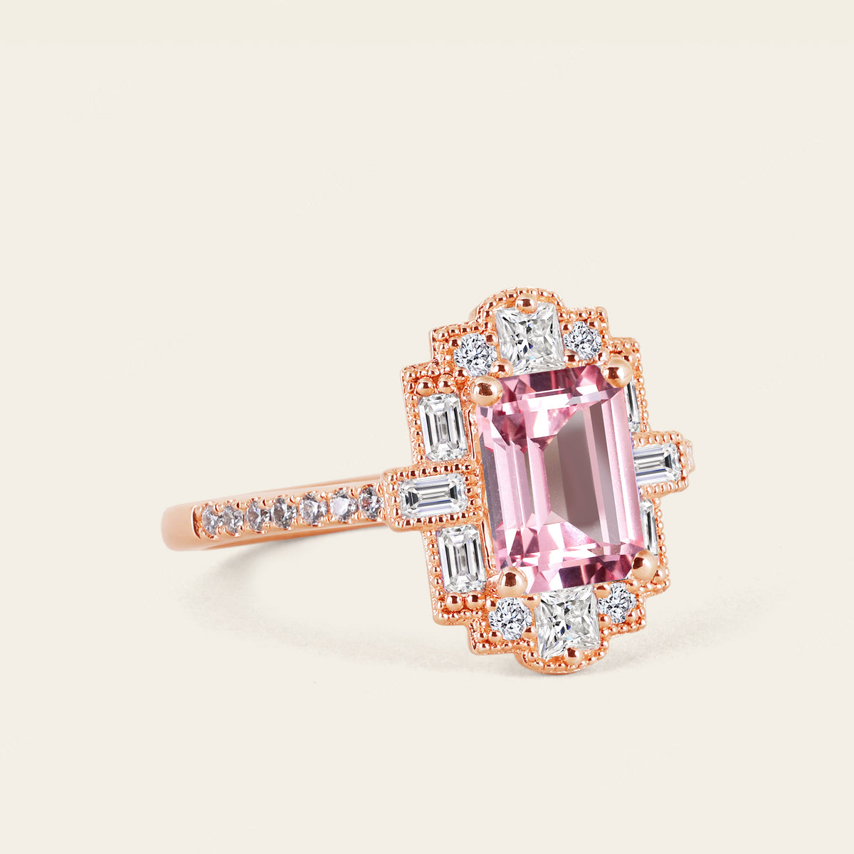 Emerald Cut Vintage Art Deco Pink Padparadscha Engagement Ring Rose Gold